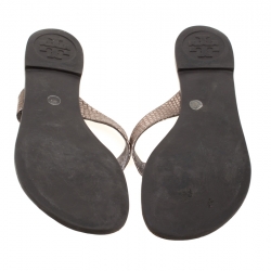 Pre Owned Tory Burch Metallic Grey Python Embossed Leather Thora Flat Thong Sandals Size 39