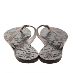 Pre Owned Tory Burch Metallic Grey Python Embossed Leather Thora Flat Thong Sandals Size 39