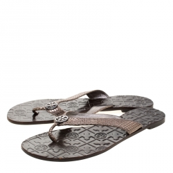Pre Owned Tory Burch Metallic Grey Python Embossed Leather Thora Flat Thong Sandals Size 39