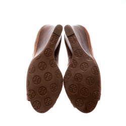 Pre Owned حذاء كعب عالي توري برش كعب روكي مقدمة مفتوحة جلد بني مقاس 39