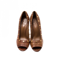 Pre Owned حذاء كعب عالي توري برش كعب روكي مقدمة مفتوحة جلد بني مقاس 39