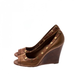 Pre Owned حذاء كعب عالي توري برش كعب روكي مقدمة مفتوحة جلد بني مقاس 39