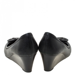 Pre Owned Tory Burch Black Leather Wedge Pumps Size 38.5