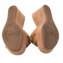 Pre Owned Tory Burch Brown Leather Patti Wedge Platform Sandals Size 37.5