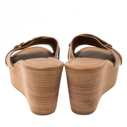 Pre Owned Tory Burch Brown Leather Patti Wedge Platform Sandals Size 37.5