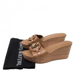 Pre Owned Tory Burch Brown Leather Patti Wedge Platform Sandals Size 37.5