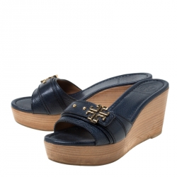 مملوكة مسبقًا Tory Burch Blue Leather Patti Wedge Platform Sandals Size 37