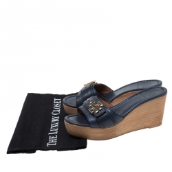 مملوكة مسبقًا Tory Burch Blue Leather Patti Wedge Platform Sandals Size 37