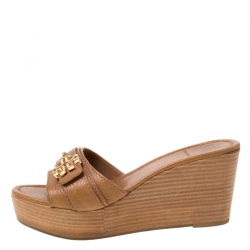 مملوكة مسبقًا Tory Burch Brown Leather Elina Wedge Platform Sandals Size 37