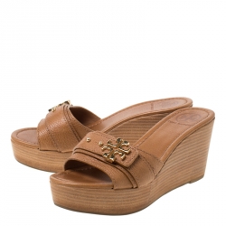 مملوكة مسبقًا Tory Burch Brown Leather Elina Wedge Platform Sandals Size 37