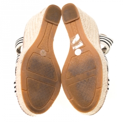 Pre Owned Tory Burch Monochrome Stretch Fabric And Leather Frieda Cross Strap Espadrille Platform Sandals Size 36