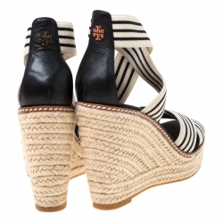 Pre Owned Tory Burch Monochrome Stretch Fabric And Leather Frieda Cross Strap Espadrille Platform Sandals Size 36