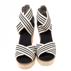 Pre Owned Tory Burch Monochrome Stretch Fabric And Leather Frieda Cross Strap Espadrille Platform Sandals Size 36