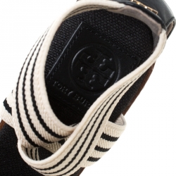 Pre Owned Tory Burch Monochrome Stretch Fabric And Leather Frieda Cross Strap Espadrille Platform Sandals Size 36