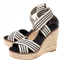 Pre Owned Tory Burch Monochrome Stretch Fabric And Leather Frieda Cross Strap Espadrille Platform Sandals Size 36
