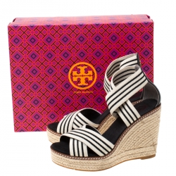 Pre Owned Tory Burch Monochrome Stretch Fabric And Leather Frieda Cross Strap Espadrille Platform Sandals Size 36
