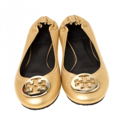 Pre Owned Tory Burch Gold Leather Minnie Travel Ballet Flats Size 37.5