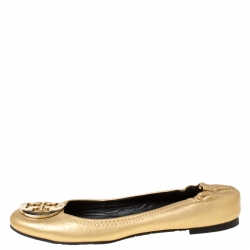Pre Owned Tory Burch Gold Leather Minnie Travel Ballet Flats Size 37.5