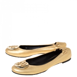 Pre Owned Tory Burch Gold Leather Minnie Travel Ballet Flats Size 37.5