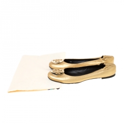 Pre Owned Tory Burch Gold Leather Minnie Travel Ballet Flats Size 37.5