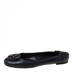 Pre Owned حذاء فلات باليه توري برش ريفا مجعد جلد أسود مقاس 38