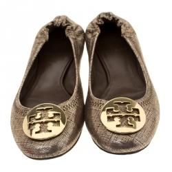 Pre Owned Tory Burch Metallic Gold Leather Reva Pebbled Ballet Flats Size 37.5
