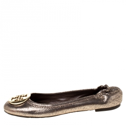Pre Owned Tory Burch Metallic Gold Leather Reva Pebbled Ballet Flats Size 37.5