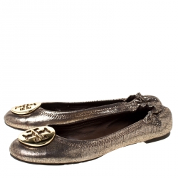 Pre Owned Tory Burch Metallic Gold Leather Reva Pebbled Ballet Flats Size 37.5