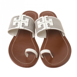 Pre Owned Tory Burch White Leather Melinda Toe Ring Sandals Size 36.5