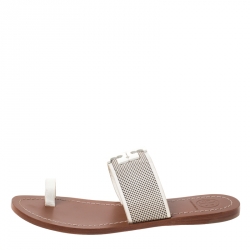 Pre Owned Tory Burch White Leather Melinda Toe Ring Sandals Size 36.5