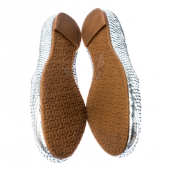 Pre Owned Tory Burch Silver Snakeskin Embossed Patent Leather Raphael Logo  Ballet Flats Size 38.5 