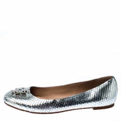Pre Owned Tory Burch Silver Snakeskin Embossed Patent Leather Raphael Logo  Ballet Flats Size 38.5 