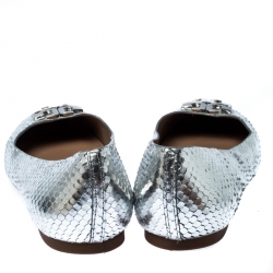 Pre Owned Tory Burch Silver Snakeskin Embossed Patent Leather Raphael Logo  Ballet Flats Size 38.5 