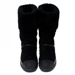 Pre Owned Tory Burch Black Suede Leather And Fur Ankle Boots Size 38