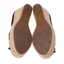 Pre Owned Tory Burch Black Lace Jackie Peep Toe Espadrilles Wedge Pumps Size 38.5