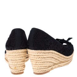 Pre Owned Tory Burch Black Lace Jackie Peep Toe Espadrilles Wedge Pumps Size 38.5