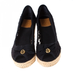 Pre Owned Tory Burch Black Lace Jackie Peep Toe Espadrilles Wedge Pumps Size 38.5