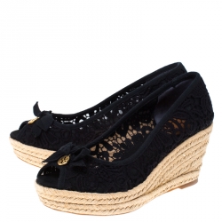Pre Owned Tory Burch Black Lace Jackie Peep Toe Espadrilles Wedge Pumps Size 38.5