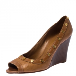 Pre Owned Tory Burch Brown Leather Reva Logo Studded Peep-Toe Wedge Pumps Size 39.5