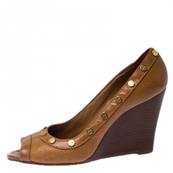 مملوكة مسبقًا حذاء كعب عالي توري برش ريفا شعار الماركة مرصع مقدمة مفتوحة كعب روكي جلد بني مقاس 39.5