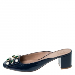 Pre Owned Tory Burch Blue Patent Leather Vail Embellished Block Heel Mules Size 39.5