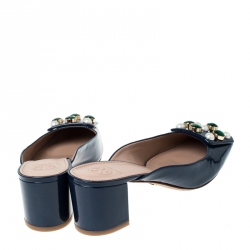 Pre Owned Tory Burch Blue Patent Leather Vail Embellished Block Heel Mules Size 39.5
