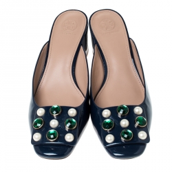 Pre Owned Tory Burch Blue Patent Leather Vail Embellished Block Heel Mules Size 39.5