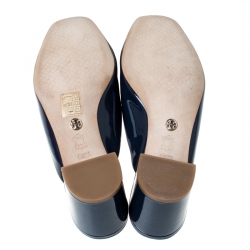 Pre Owned Tory Burch Blue Patent Leather Vail Embellished Block Heel Mules Size 39.5