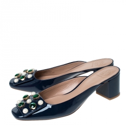 Pre Owned Tory Burch Blue Patent Leather Vail Embellished Block Heel Mules Size 39.5