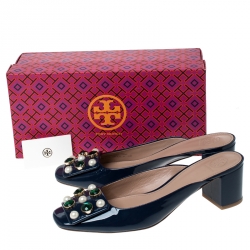 Pre Owned Tory Burch Blue Patent Leather Vail Embellished Block Heel Mules Size 39.5
