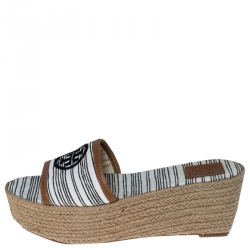 Pre Owned Tory Burch White/Black Logo Stripe Canvas Espadrille Slides Size 37.5