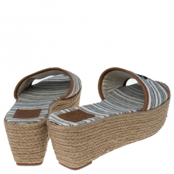 Pre Owned Tory Burch White/Black Logo Stripe Canvas Espadrille Slides Size 37.5