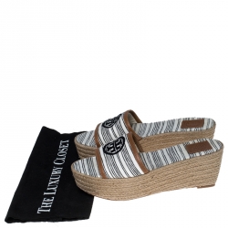 Pre Owned Tory Burch White/Black Logo Stripe Canvas Espadrille Slides Size 37.5