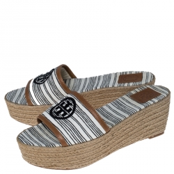 Pre Owned Tory Burch White/Black Logo Stripe Canvas Espadrille Slides Size 37.5